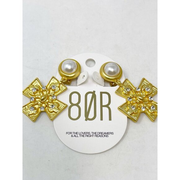 New 8 Other Reasons Gold Tone Faux Pearl Rhinestone Maltese Cross Earrings - Picture 2 of 4